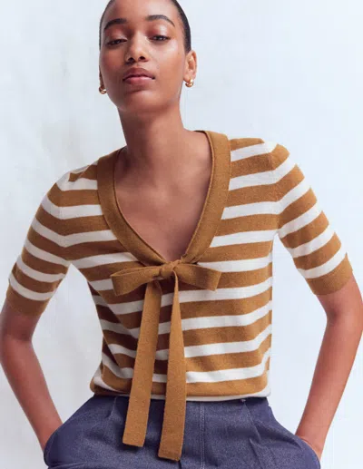 Boden Strick-t-shirt Mit Schleife Am Ausschnitt In Weiss | Grösse Xl In Multi