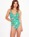 Shop Boden Stripe Trim Swimsuitgreen, Decorative Garden Women  In Green/ Decorative Garden