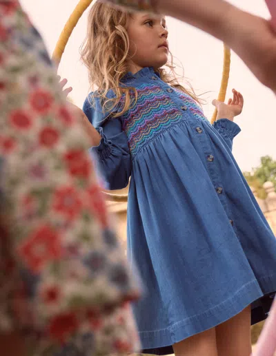 Boden Kids' Suki Long Sleeve Smocked Dress Mid Vintage Denim  In Blue