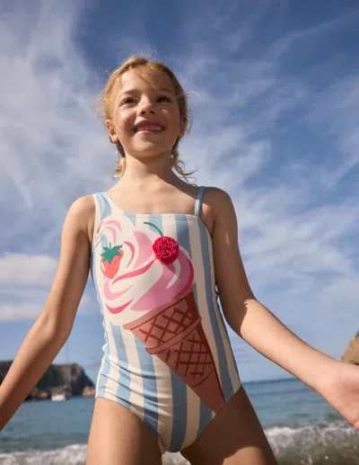 Boden Kids' Sunday Appliqué Swimsuitvintage Blue Ice Cream Stripe Girls  In Multi