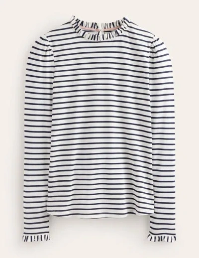 Boden Supersoft Frill Detail Top Ivory / Navy Stripe Women