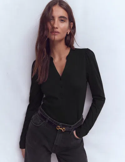 Boden Supersoft Open Neck Henley Black  In Animal Print