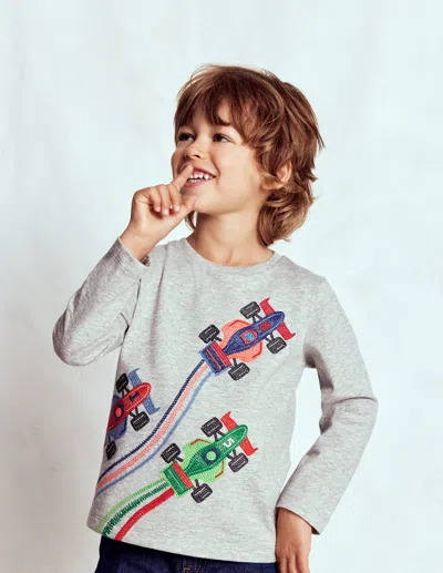 Boden Kids' Superstitch Long Sleeve Top Racing Cars  In Gray