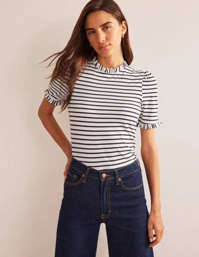 Boden Superweiches T-shirt Mit Rüschendetail-naturweiss/navy, Gestreift In Multi