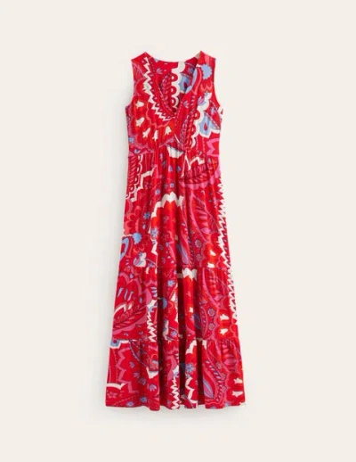 Boden Sylvia Jersey Maxi Tier Dress Flame Scarlet, Foliage Paisley Women