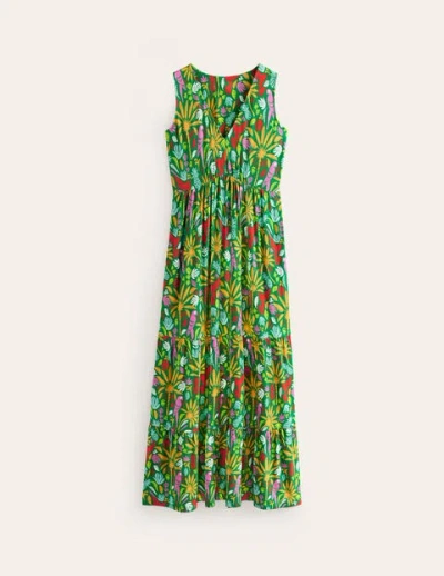 Boden Sylvia Jersey Maxi Tier Dress Green, Tropical Paradise Women