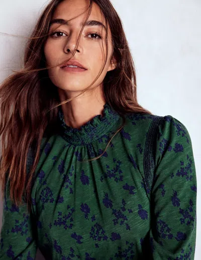 Boden Tia Smocked Neck Jersey Top Dark Green, Dainty Meadow