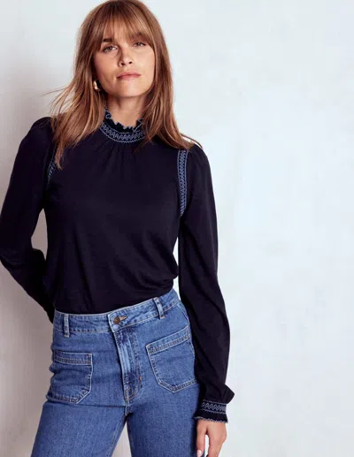 Boden Tia Smocked Neck Jersey Top Navy  In Blue