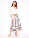 Boden Tie Belt Sateen Midi Skirt Ivory Varigated Rainbow Stripe