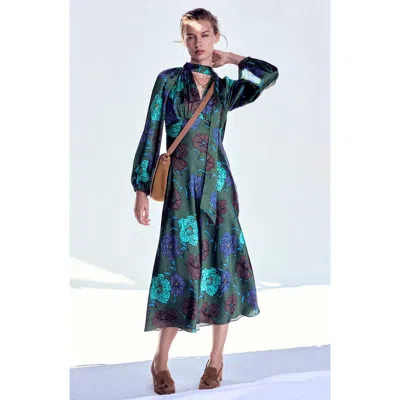 Boden Tie Neck Long Sleeve Satin Midi Dress In Green