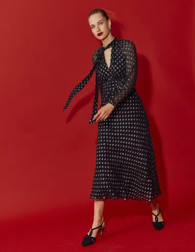 Boden Tie Neck Midi Dress Black And Silver Clip