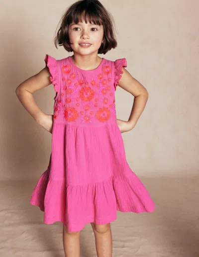 Boden Kids' Tiered Doublecloth Dresssorbet Pink Embroidered Girls