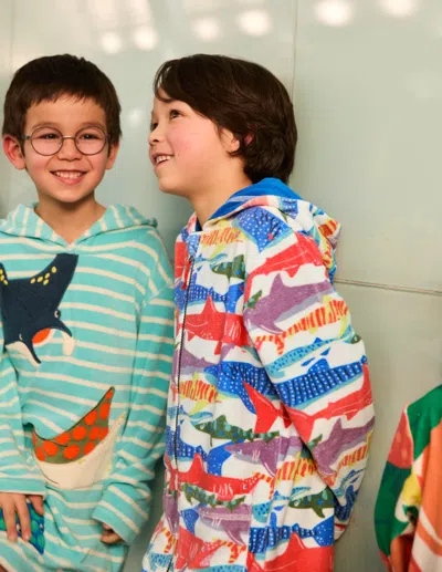 Boden Kids' Towelling Zip Up Throw On Ivory Riso Shark Boys  In Multi