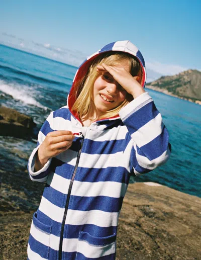 Boden Kids' Towelling Zip Up Throw On Sapphire Blue Stripe Boys
