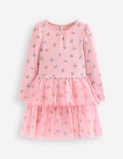 Boden Kids' Tulle Mix Dress Vintage Pink Ditsy Floral