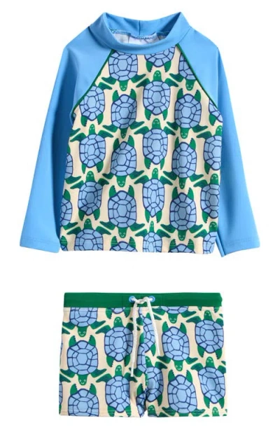 Boden Babies'  Turtle Print Rash Guard & Swim Trunks Set In Blue