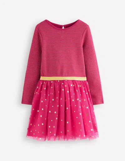 Boden Kids' Twirly Tulle Mix Dress Cherry Jam/ Gold Confetti  In Pink