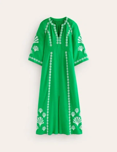 Boden Una Linen Embroidered Dress Bright Green Women