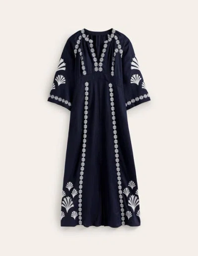 Boden Una Linen Embroidered Dress Navy Women