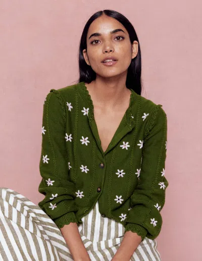 Boden Valeria Crochet Trim Cardigan Promenade Green , Embroidery