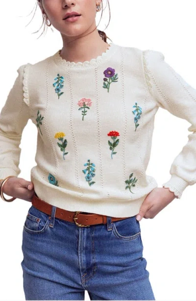Boden Valeria Floral Embroidered Sweater In White