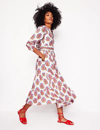 BODEN VIOLET COTTON MIDI DRESSIVORY, WILDFLOWER STAMP WOMEN BODEN