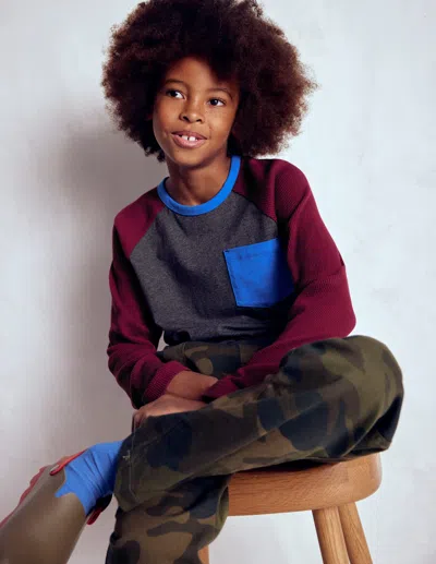 Boden Kids' Waffle Mix Raglan Charcoal Marl/ Rumba Red  In Multi