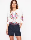 Boden Alicia Linen Top White, Floral Embroidery Women  In Navy