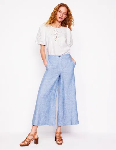 Boden Wide Crop Linen Pants Grey Blue Chambray Women