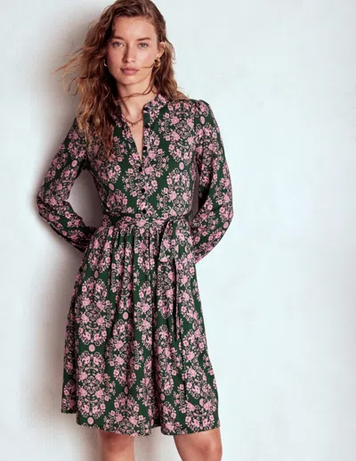 Boden Willow Ruffle Neck Shirt Dress Green, Ornamental Lattice  In Multi