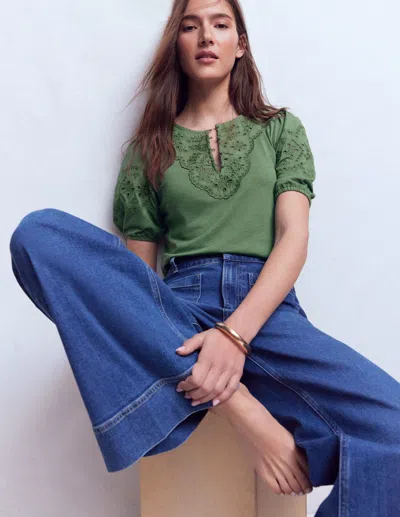 Boden Women's Ada Broderie Mix Top In Green | Size 20/22