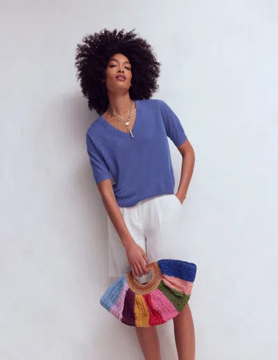 Boden Women's Agnes Linen V Neck T-shirt In Blue | Size Xl