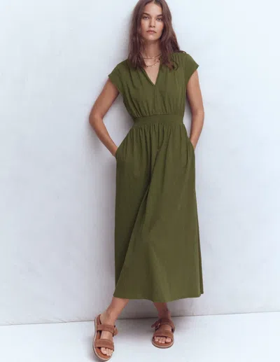 Boden Women's Alba Smocked Jersey Midi Dress In Green | Size 12