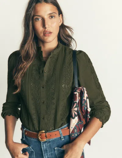 Boden Women's Broderie Cotton Top In Green | Size 4