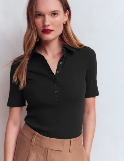 Boden Women's Collared Ribbed Henley Top In Black | Size 18