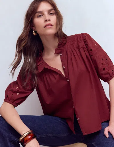 Boden Women's Cutwork Puff Sleeve Top In Brown | Size 22 In Burgundy