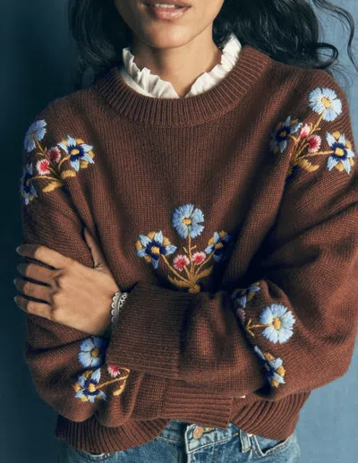 Boden Women's Ella Embroidered Knit Jumper In Brown | Size Xs