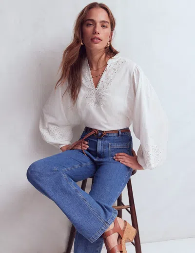 Boden Women's Embroidered Cotton Popover Top In White | Size 10