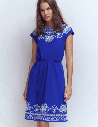 Boden Women's Embroidered Jersey Short Dress In Blue | Size 16/18