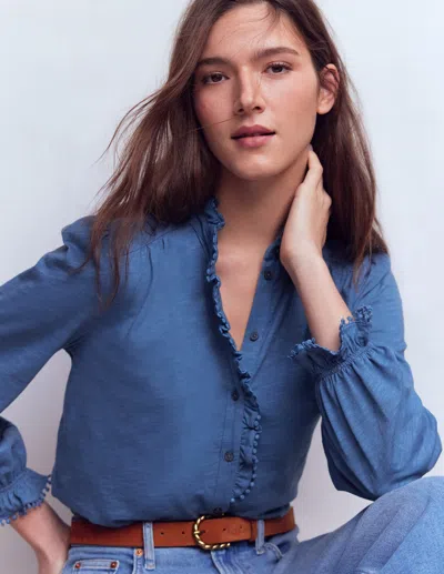 Boden Women's Emily Pom Detail Ruffle Shirt In Blue | Size 20/22