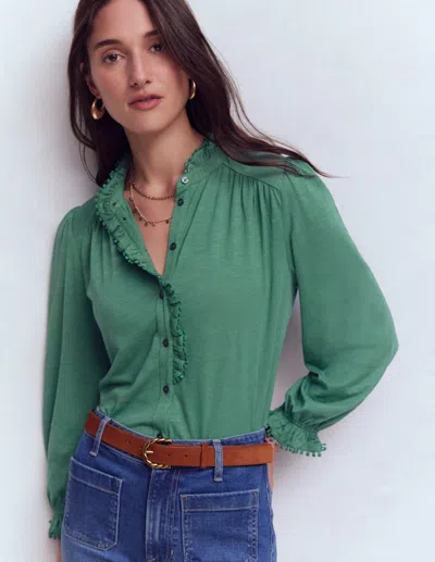 Boden Women's Emily Pom Detail Ruffle Shirt In Green | Size 2