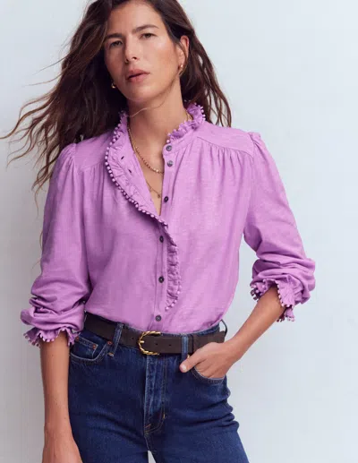 Boden Women's Emily Pom Detail Ruffle Shirt In Purple | Size 20/22