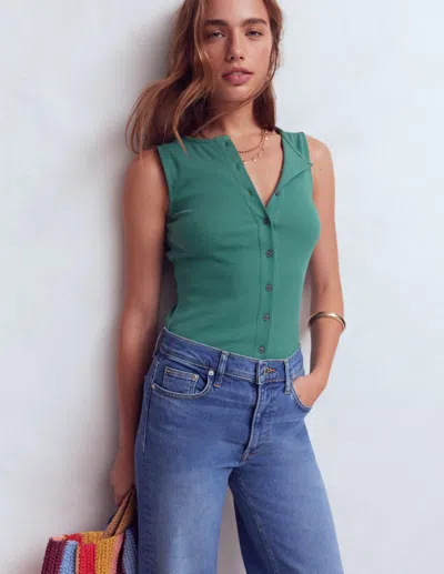 Boden Women's Evie Button Through Rib Vest Top In Green | Size 20