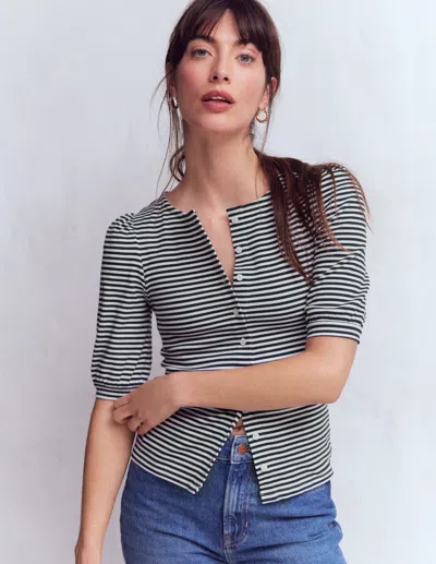 Boden Women's Evie Ribbed Puff Sleeve Top In Blue | Size 10 In Black