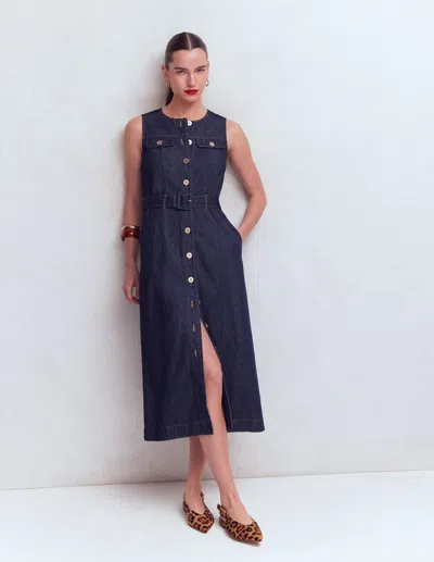 Boden Women's Gold Button Denim Midi Dress In Blue | Size 16