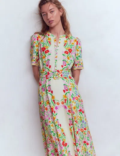 Boden Women's Kate Puff Sleeve Belted Dress In White | Size 16/18 In Multi