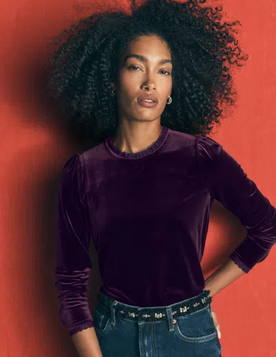 Boden Women's Lace Trim Velvet Top In Purple | Size 4