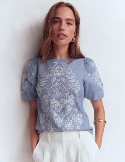 Boden Women's Linen Puff Sleeve Top In Blue | Size 18
