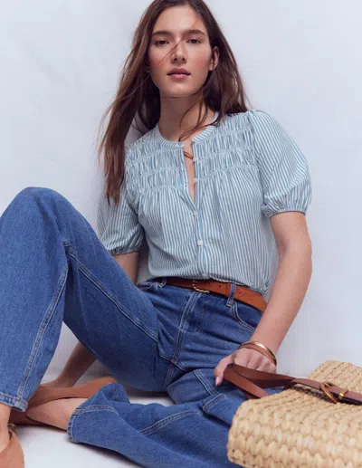 Boden Women's Mya Short Sleeve Smocked Shirt In Blue | Size 8