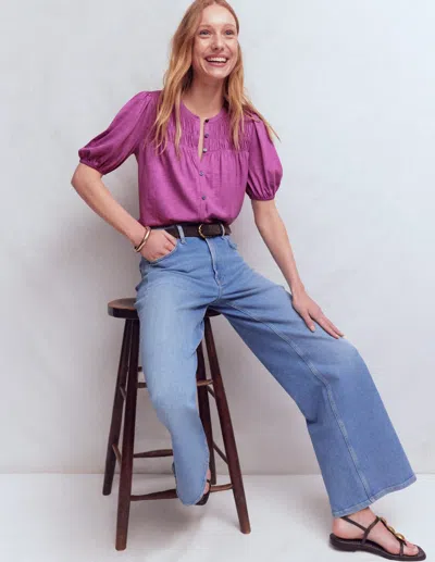 Boden Mya Smocked Short Sleeve Button-up Shirt In Purple